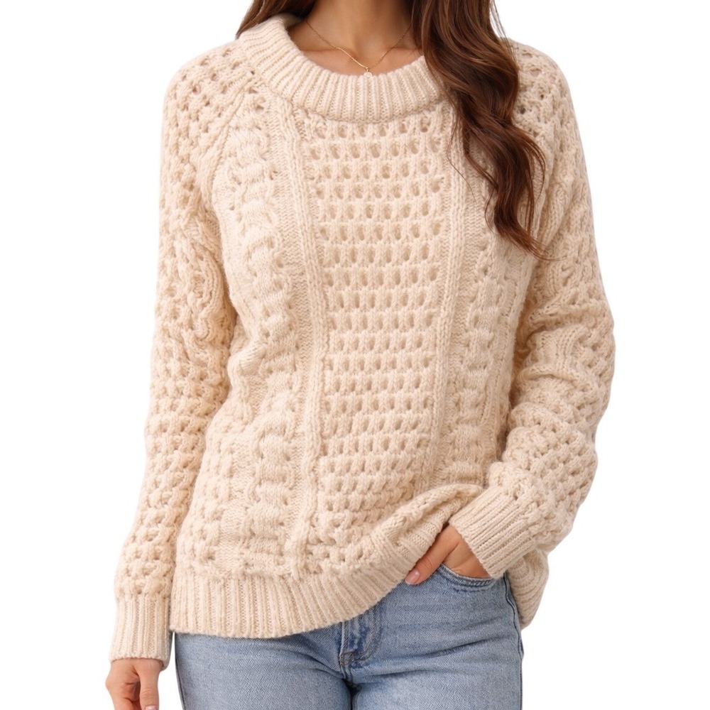 LL‎ Bean Vintage Fisherman Sweater Womens Small Cream Wool Cable Knit Ireland